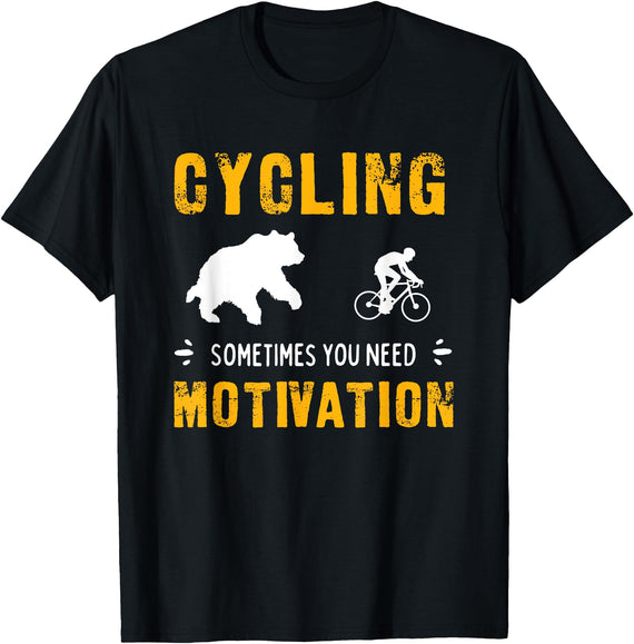 Cycling Needs Motivation - Bear Chasing Cyclist - Funny T-Shirt - Black