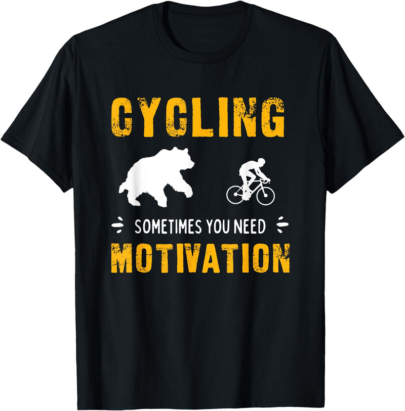 Cycling Needs Motivation - Bear Chasing Cyclist - Funny T-Shirt - Black