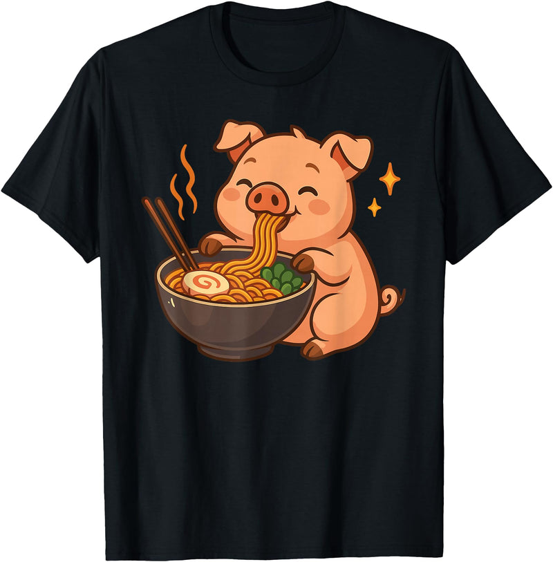 Pig Eating Ramen Kawaii Anime Animals Pig with Noodles Ramen Kawaii Pig T-Shirt - Black