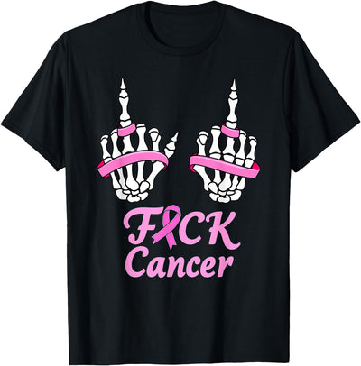 Breast Cancer Awareness Middle Finger Skeleton Fuck Cancer Pink Ribbon Skeleton Breast Cancer Halloween T-Shirt