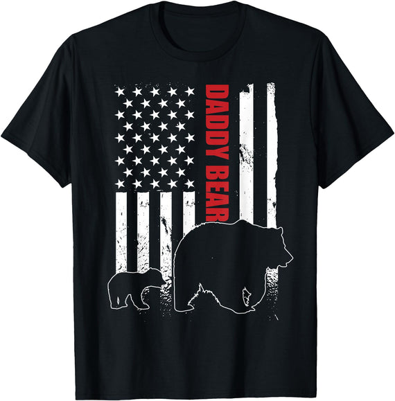 Vintage Gift for proud Dad 4th of July Daddy Bear with cub American Flag Papa Bear Father's Day T-Shirt - Black