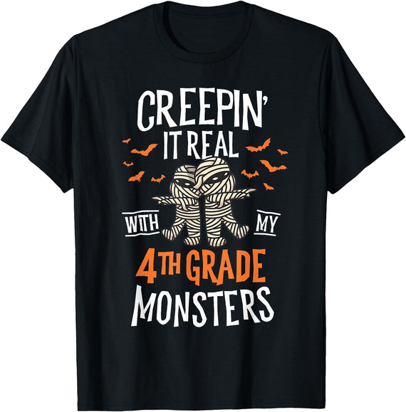 Halloween by Joy Haus Creepin It Real with My 4th Grade Monsters Halloween Teacher T-Shirt - Black
