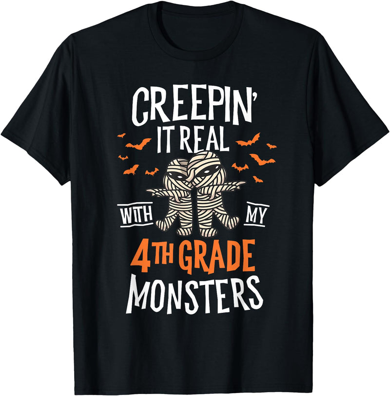 Halloween by Joy Haus Creepin It Real with My 4th Grade Monsters Halloween Teacher T-Shirt - Black