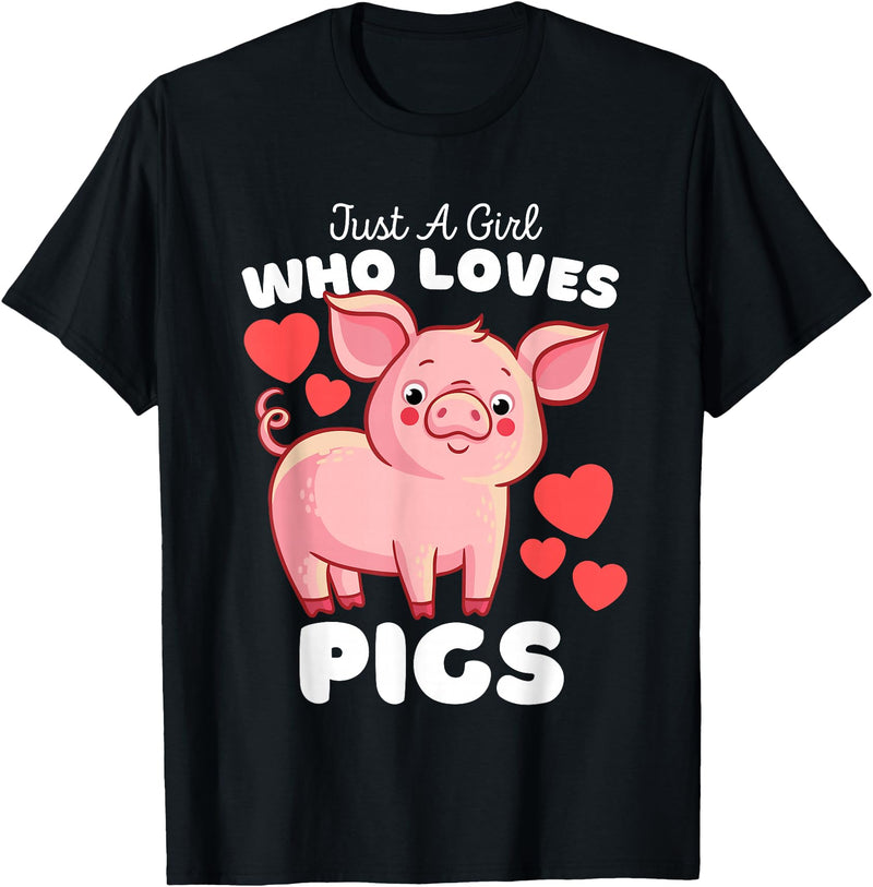 Motion Designs - Farm Animals Just A Girl Who Loves Pigs - Cute Girls Piggy T-Shirt - Black