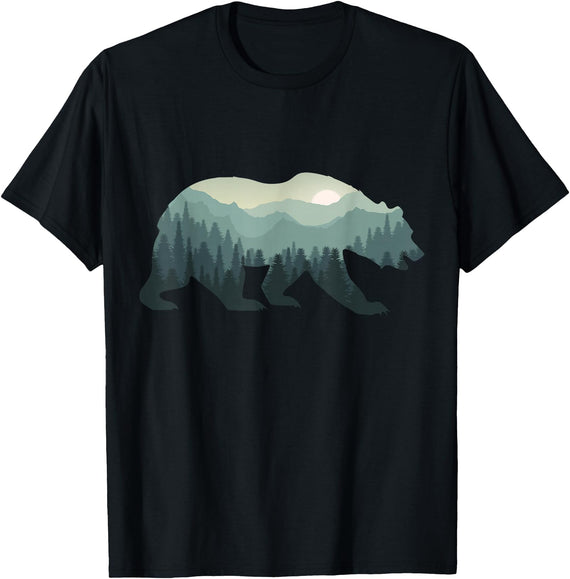 Outdoors Gift Ideas Camping Stuff Men Graphic Tees Misty Forest Bear Silhouette Wildlife Nature Lover T-Shirt - Black
