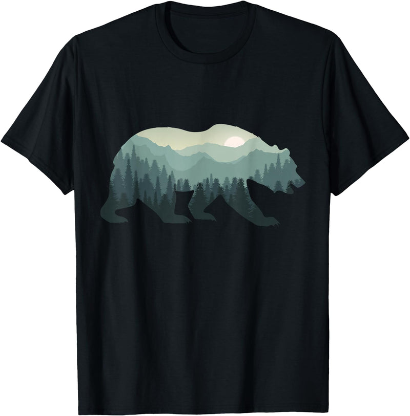 Outdoors Gift Ideas Camping Stuff Men Graphic Tees Misty Forest Bear Silhouette Wildlife Nature Lover T-Shirt - Black