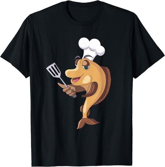 Cool Fish Character Apparel & Co. Fish Chef Fishing and Cooking T-Shirt - Black