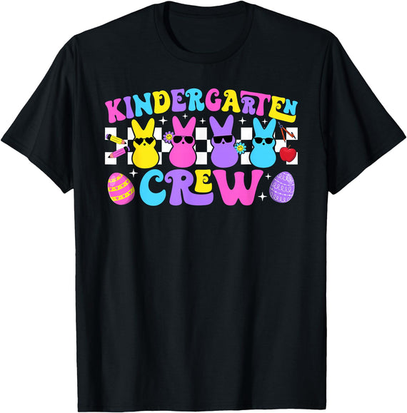 Kindergarten Crew Retro Bunny Teacher Easter Day Rabbit T-Shirt in Black