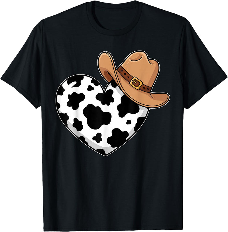 Magical and Funny Western Gifts Western Cow Print Heart Cowboy Cowgirl T-Shirt - Black