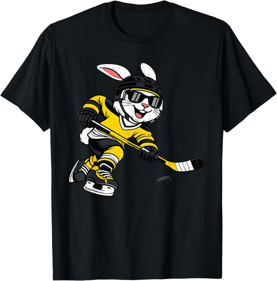 Bunny Playing Ice Hockey Rabbit Easter Sports Men Boys Kids T-Shirt in Black