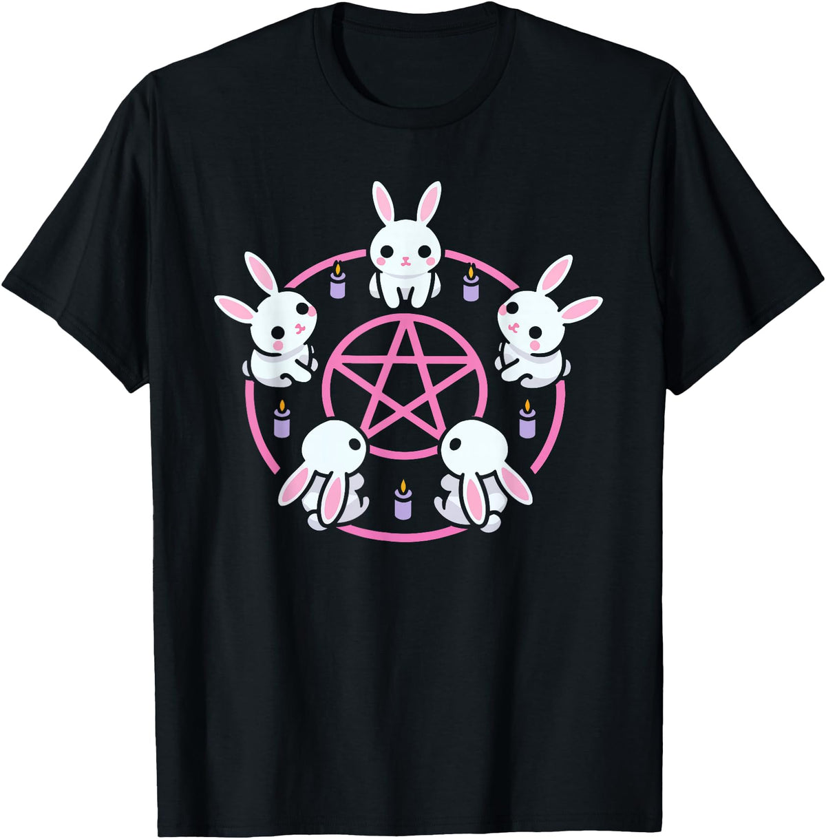 Bunny Rabbit Pentacle Pentagram Pink Pastel Goth Dark Humor T-Shirt in Black