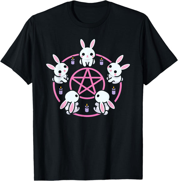 Bunny Rabbit Pentacle Pentagram Pink Pastel Goth Dark Humor T-Shirt in Black