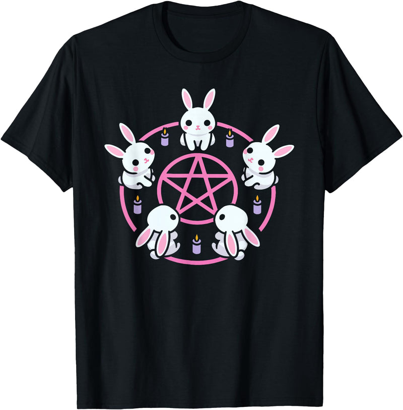 Bunny Rabbit Pentacle Pentagram Pink Pastel Goth Dark Humor T-Shirt in Black