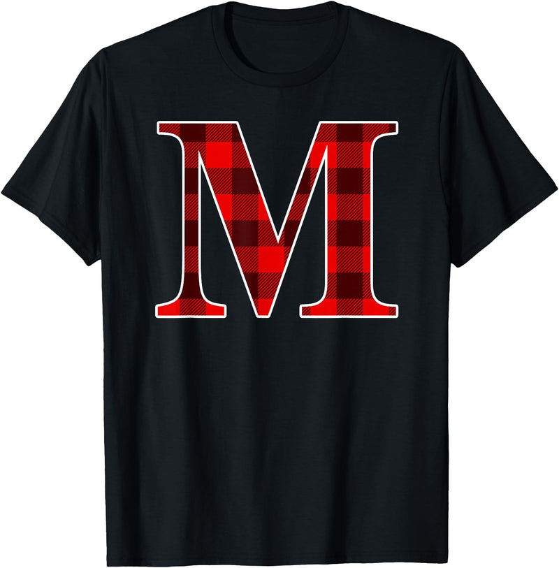 Buffalo Plaid Forever Buffalo Plaid Monogram Letter M Matching Holiday T-Shirt - Black