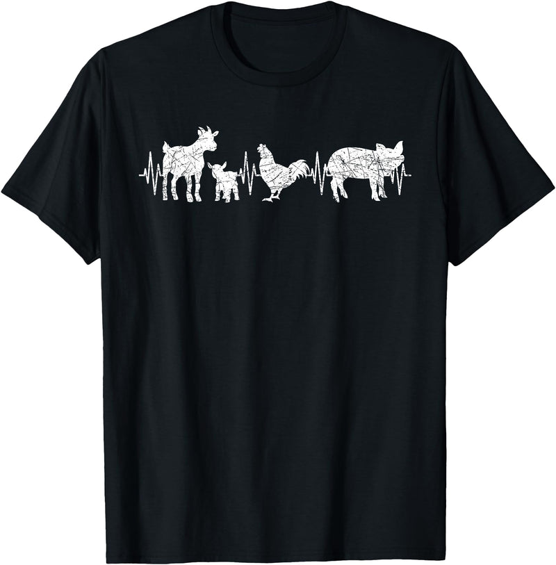 Farmer Farm Animal Lover Gifts Goat Chicken Pig Agriculture Heartbeat Farm Animals T-Shirt - Black
