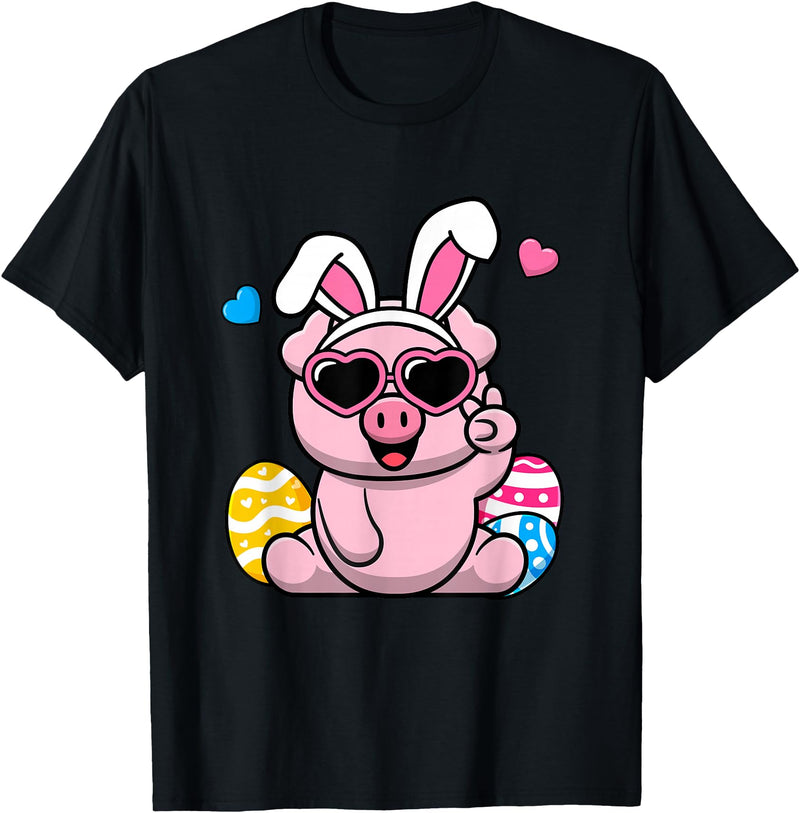 Cute Bunny Pig Happy Easter Day Gift Cute Pig Bunny Ears Easter Day Boy Girl Kids T-Shirt - Black
