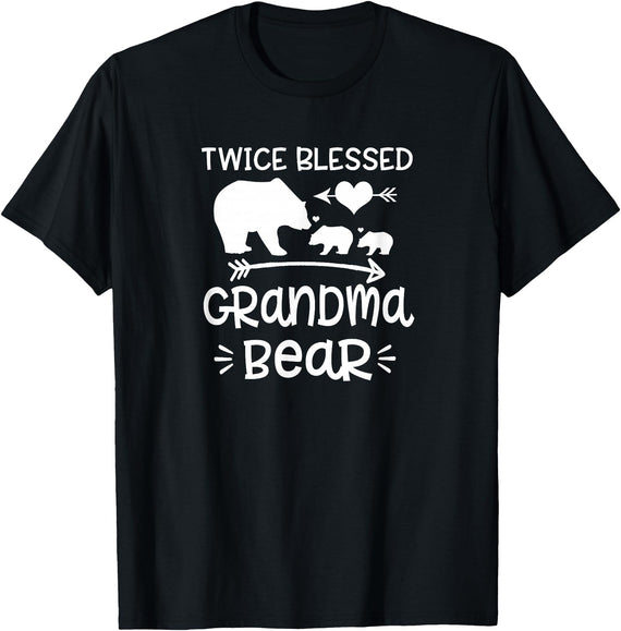 Grandparents Gifts By HustlaGirl Twice Blessed Grandma Bear Shirt Grandmas With Two Grandkids T-Shirt - Black