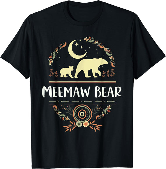 Matching Family Grandma Bear Boho by Foxio Meemaw Bear Floral Matching Family Funny Grandma Bear Boho T-Shirt - Black
