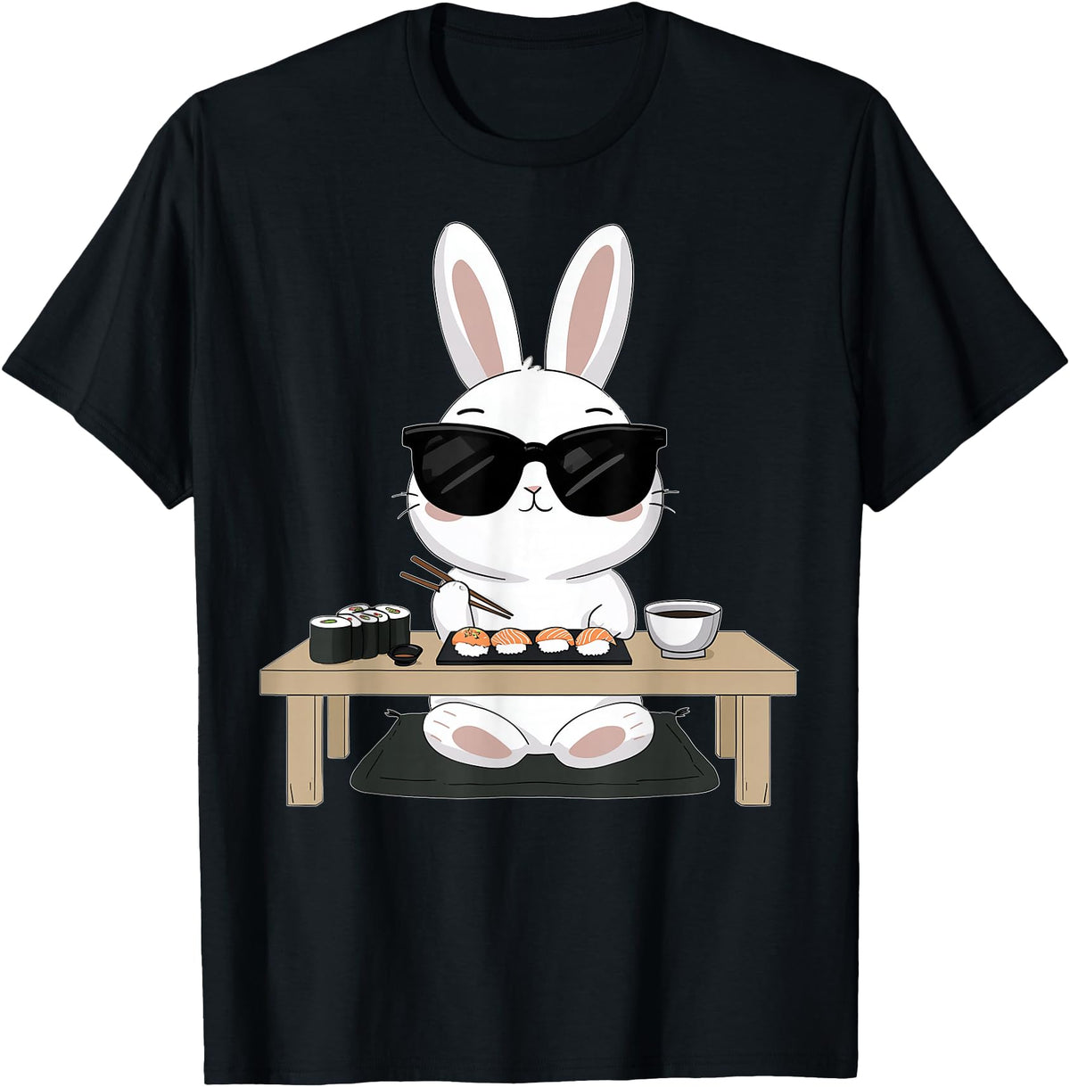 Sushi Eating Rabbit Easter Bunny Sunglasses T-Shirt in Black