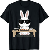 Sushi Eating Rabbit Easter Bunny Sunglasses T-Shirt in Black
