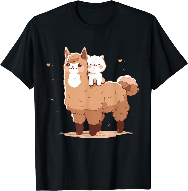 Funny Llama Alpaca Animal Lover Gifts Clothing Llama Alpaca Cat T-Shirt - Black