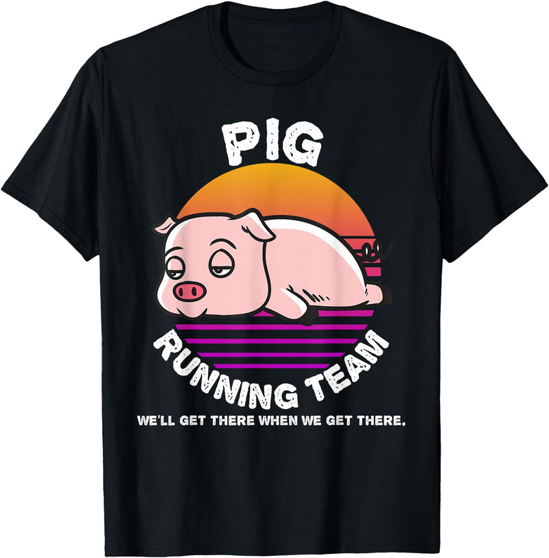 Running Shirts by CrushRetro Funny Farm Pig Running Team Shirt Kids Men Women Gift T-Shirt - Black