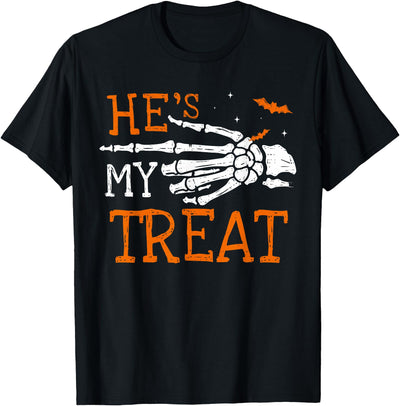 Halloween Costume for Men Women Kids Boys Girls He's My Treat Skeleton Matching Couple Halloween Costume T-Shirt