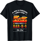 anti vegan shirt I funny bbq bacon fans A Pig, A Chicken, And A Cow Walk Into A Barbecue Bar-B-Q T-Shirt - Black