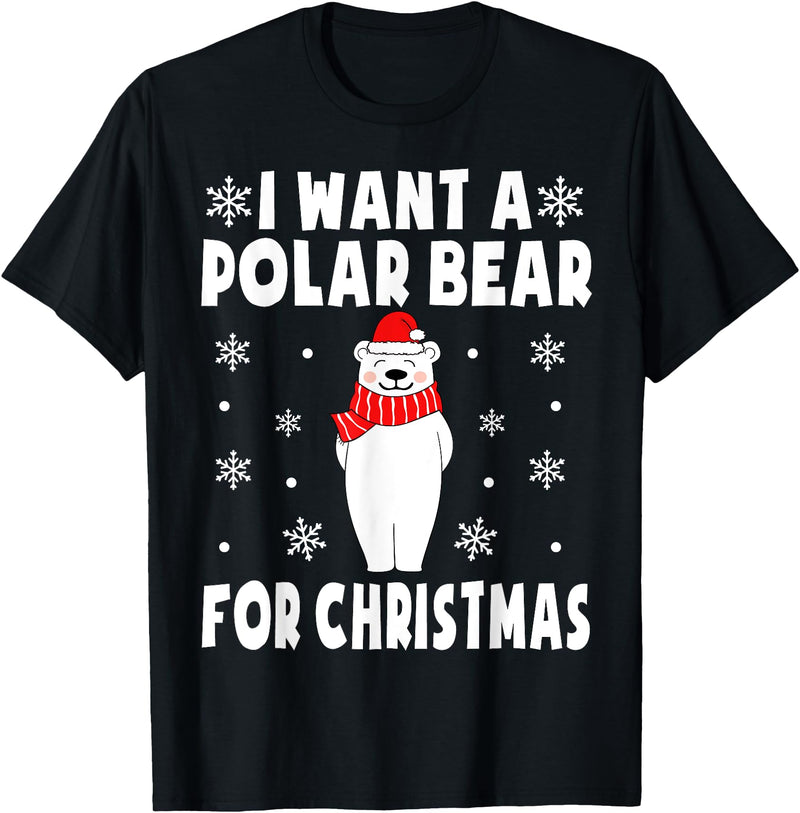 Polar Bear Christmas Pajamas Toddler Boys Girls I Want A Polar Bear For Christmas Polar Bear Pajamas Kids T-Shirt - Black