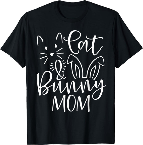 Cute Cat and Bunny Mom Design - Rabbit and Cat Owner T-Shirt in Black