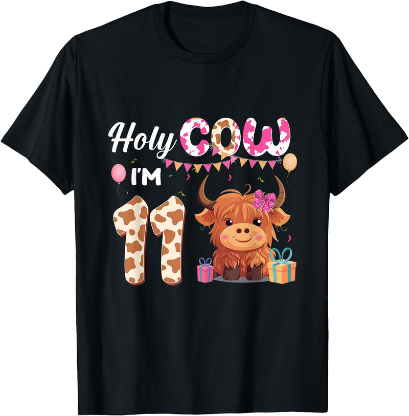 Highland Cow Birthday Gift For Girl Boy Holy Cow I'm 11 Year Old Birthday Highland Cow 11th Bday Kid T-Shirt - Black