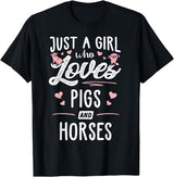 Pigs Memme Just A Girl Who Loves Pigs And Horses Gift Women T-Shirt - Black