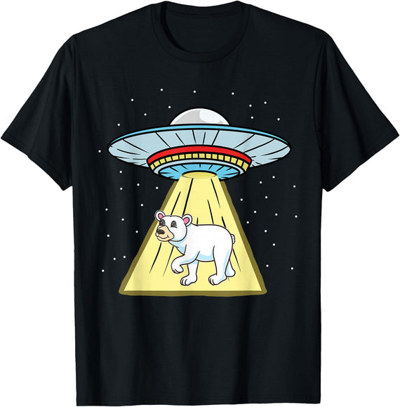UFO Abduction Cute Polar Bear T-Shirt - Black