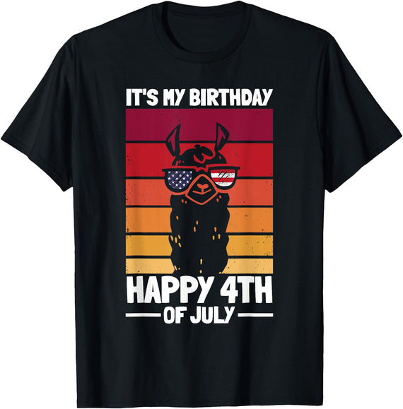 4th Of July Patriotic Day Llama Funny Llama Patriotic It's My Birthday Happy 4th Of July T-Shirt - Black
