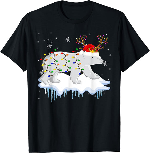 Cute Christmas Lights Santa Reindeer Polar Bear Santa Reindeer Polar Bear Christmas Light Santa Polar Bear T-Shirt - Black