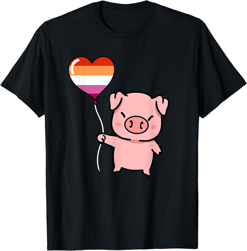 Hiking Lover Design Pig Heart Balloon Orange Pink Lesbian T-Shirt - Black