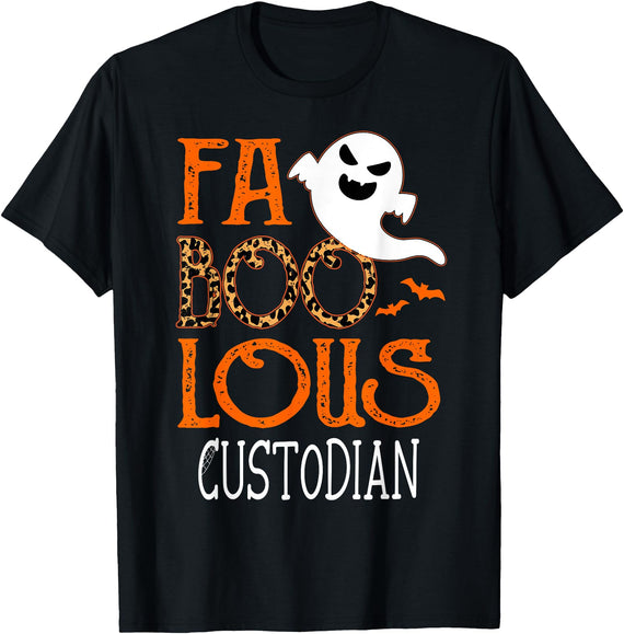 TeeaxArt faboolous Gifts I am a faboolous Custodian on Halloween Party Funny Ghost T-Shirt - Black