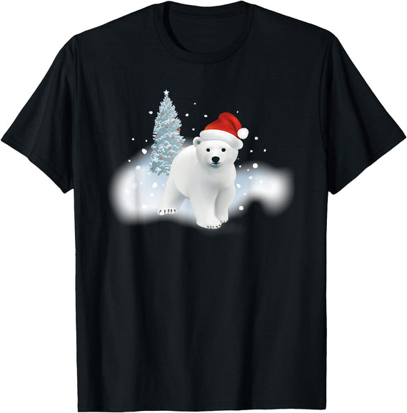 Happy Holiday Season Snow Gifts For Women Cute Christmas Polar Bear Red Santa Hat Lighted Tree Snow T-Shirt - Black