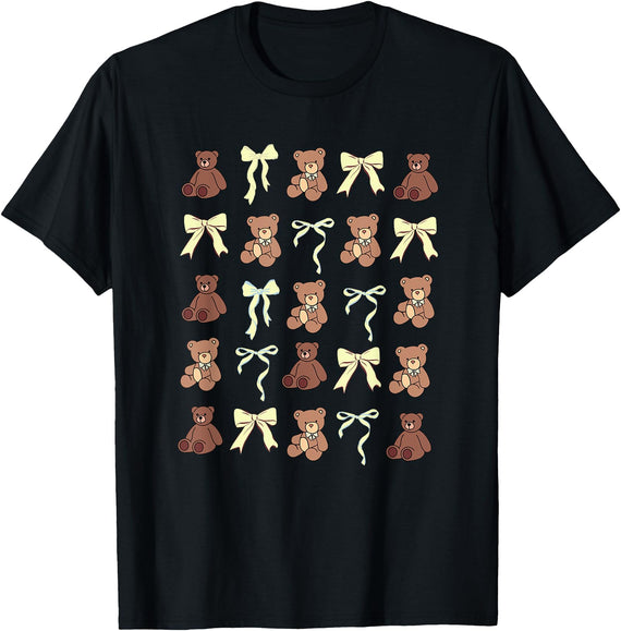 Coquette Aesthetic Graphics Preppy Teddy Bears Yellow Bows Coquette Girly Aesthetic T-Shirt - Black