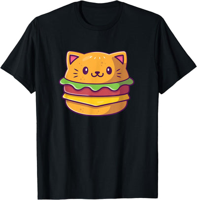 Broke Artist Unisex-Adults Cat-Themed T-Shirt Black Small Classic Fit Cartoon Cat & Hamburger T-Shirt