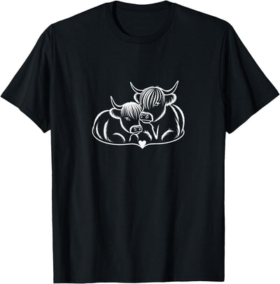 Highland Cow Couple Heart Line Art Cute Scotland T-Shirt