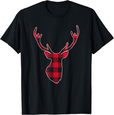 Buffalo Plaid Pajama Christmas Deer Head Red Deer Reindeer T-Shirt