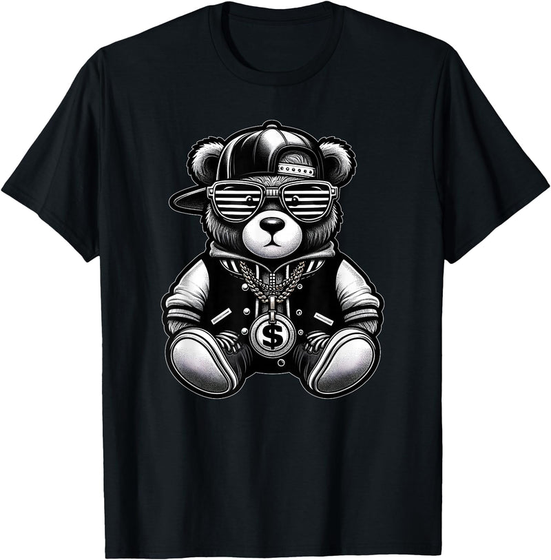 Teddy Bear Hip Hop Lovers Men Women & Kids Funny Hip Hop Teddy Bear 90s Graffiti Art Rap Lover Gangsta T-Shirt - Black