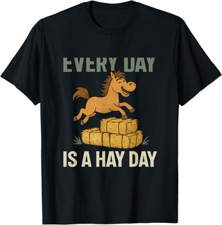 Modern Aesthetic Design Studio Every Day is a Hay Day Horse Humor Farm Graphic T-Shirt - Black