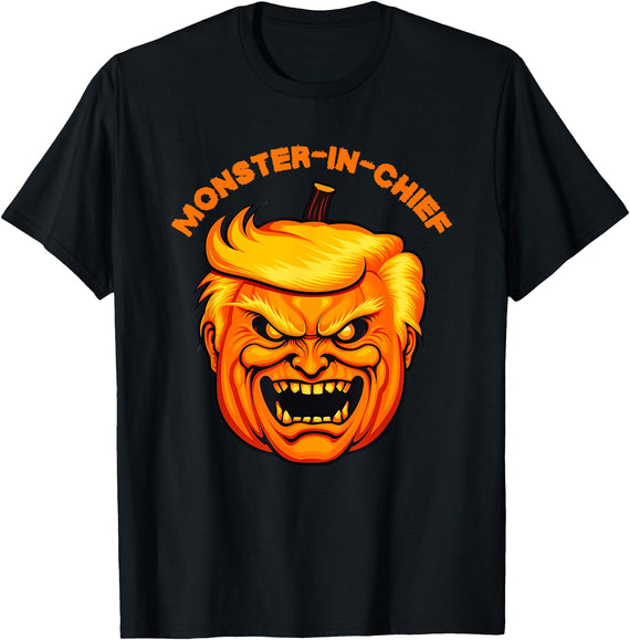 Monster-in-Chief 2024 Political Halloween Costume Monster-in-Chief Scary Trumpkin Trump Pumpkin Head Costume T-Shirt - Black