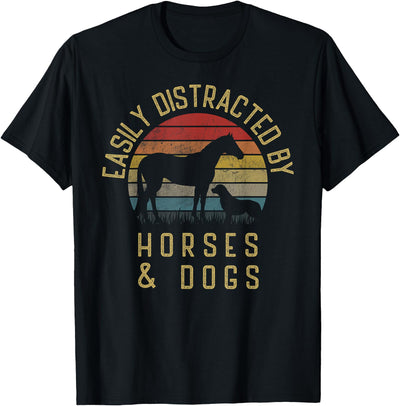 Funny Cute Easily Distracted by Horses Silhoutee Easily Distracted by Horses and Dogs I Like Heart Horse Dog T-Shirt Small