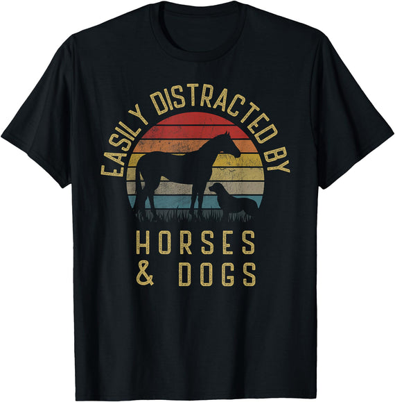 Funny Cute Easily Distracted by Horses Silhoutee Easily Distracted by Horses and Dogs I Like Heart Horse Dog T-Shirt Small - Black