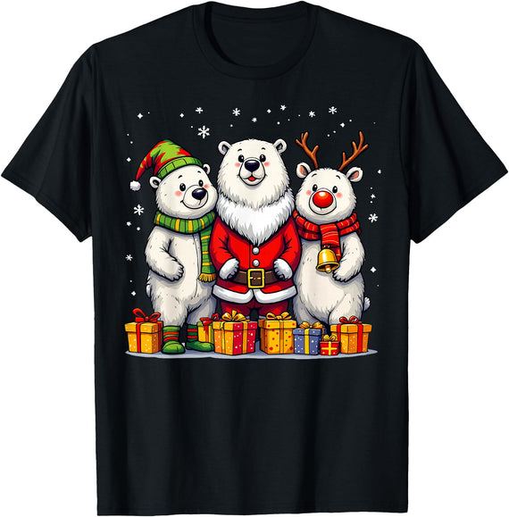 Christmas Polar Bear Santa Elf Reindeer Holiday Cute Christmas Polar Bears in Santa Elf and Reindeer Costume T-Shirt - Black