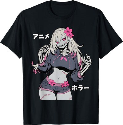 Dinosaurus Rekx Horror Anime Waifu Girl Japanese Zombie Skeleton Graphic T-Shirt