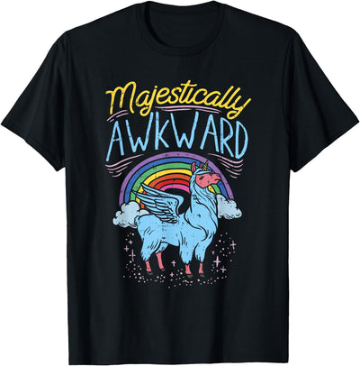 Llama Queen Birthday Party Gift Majestically Awkward Funny Llamacorn Llama Unicorn Rainbow T-Shirt